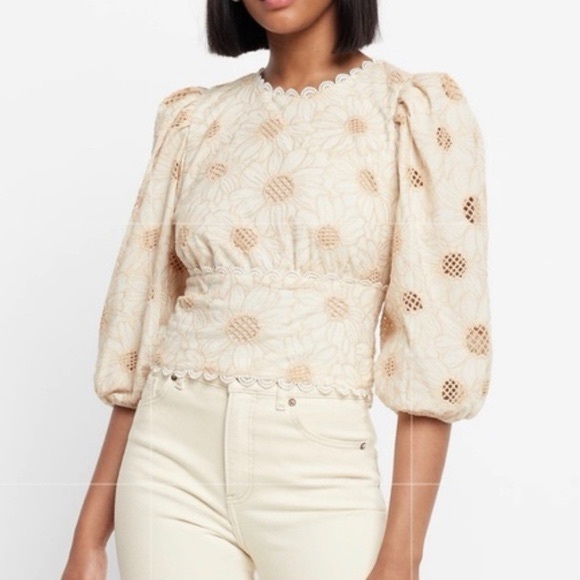 Express Tops - Express Embroidered Eyelet Puff Sleeve Open Back Blouse